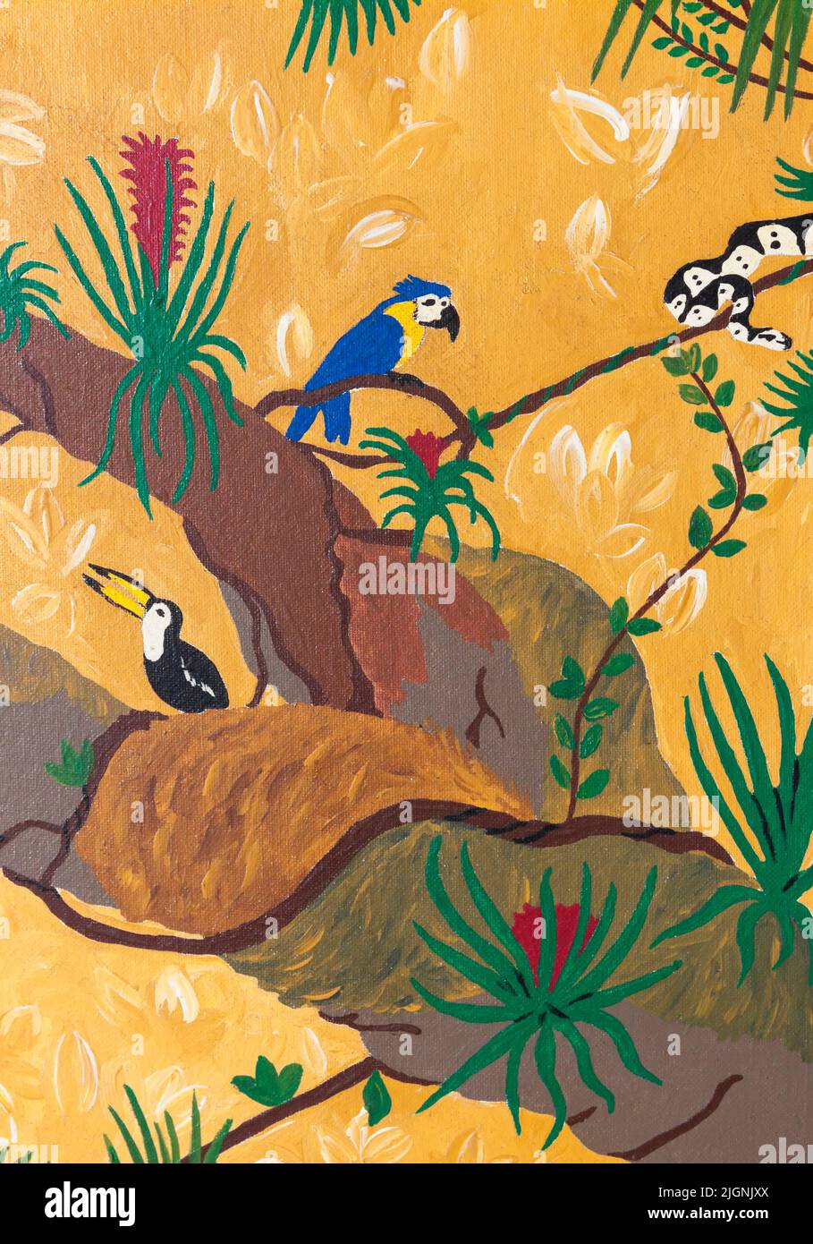 Painting jungle with birds and snake Stock Photo