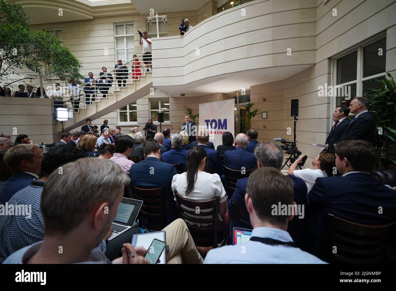 Tom Tugendhat speaking at the launch of his campaign to be Conservative Party leader and Prime Minister, at 4 Millbank, London. Picture date: Tuesday July 12, 2022. Stock Photo