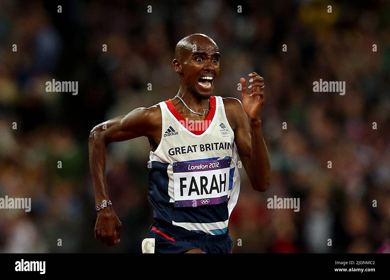 File photo dated 04-08-2012 of Great Britain's Mo Farah celebrates winning the Men's 10,000m final at the Olympic Stadium, London, on the eighth day of the London 2012 Olympics. Sir Mo Farah has revealed in a BBC documentary that he was brought into the UK illegally under the name of another child. Issue date: Tuesday July 12, 2022. Stock Photo