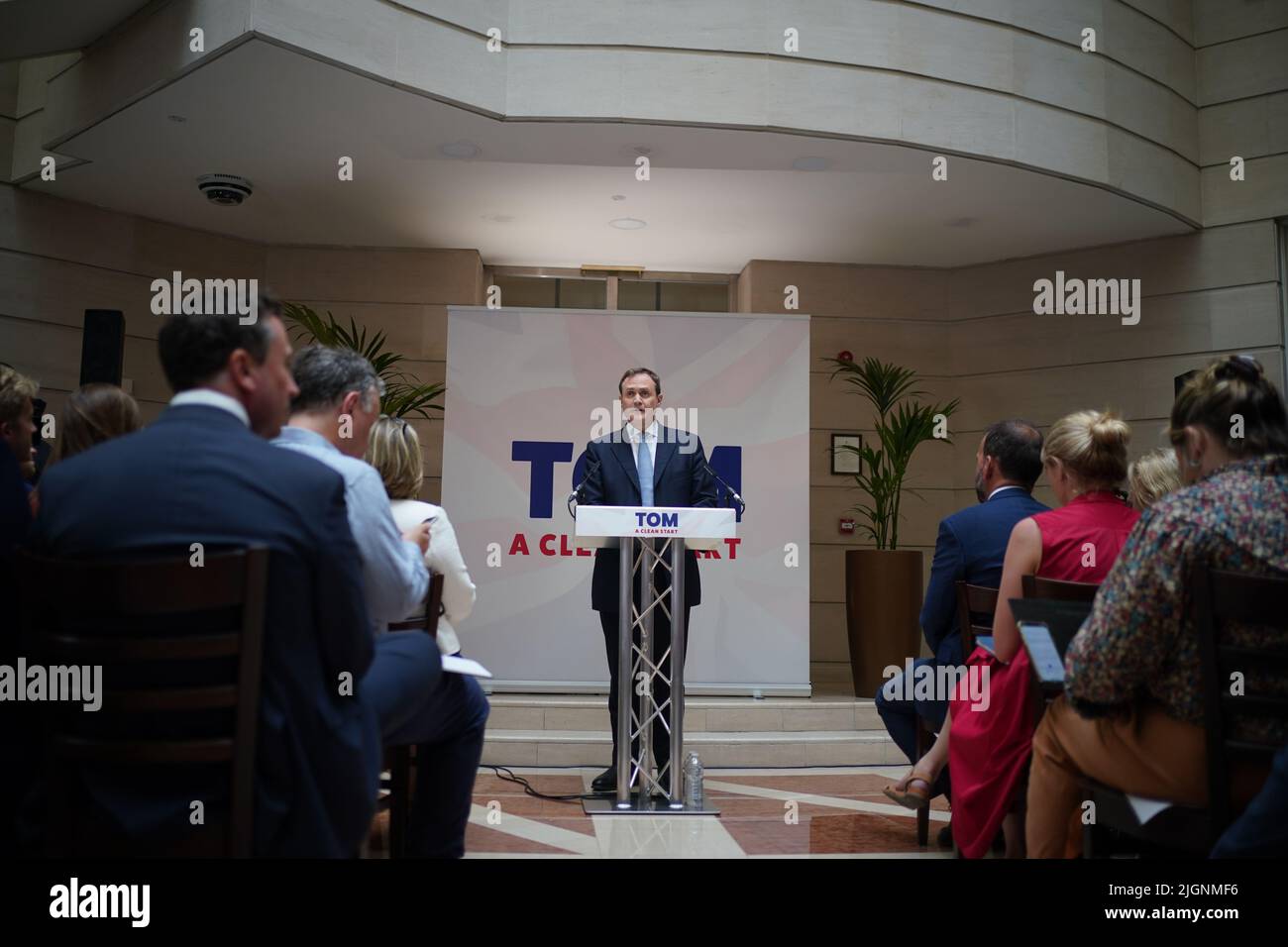 Tom Tugendhat speaking at the launch of his campaign to be Conservative Party leader and Prime Minister, at 4 Millbank, London. Picture date: Tuesday July 12, 2022. Stock Photo