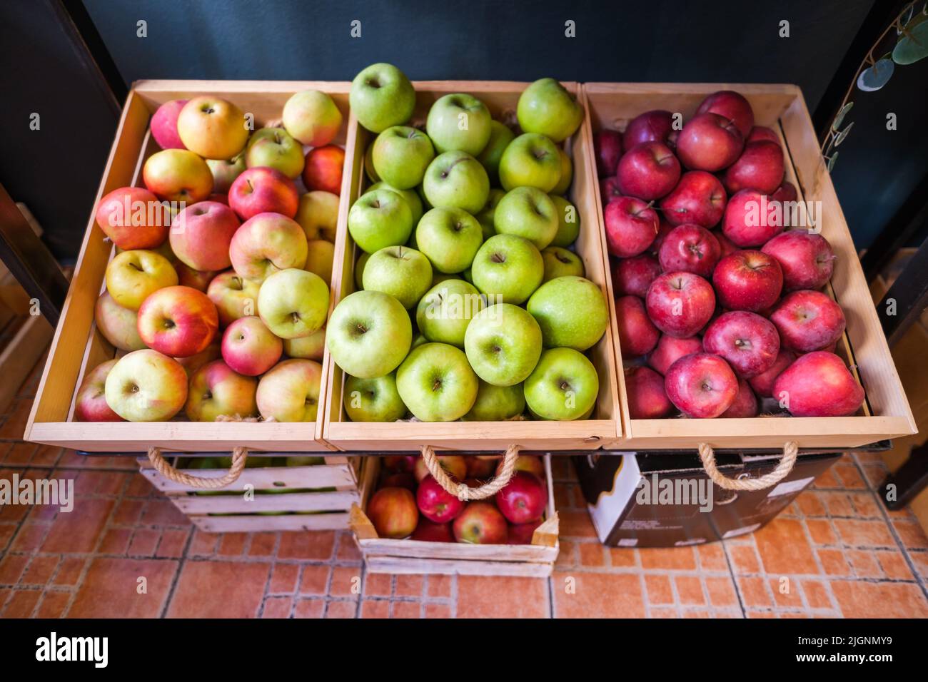 Healthy fruit and vegetables in grocery shop. Close up of baskets with
