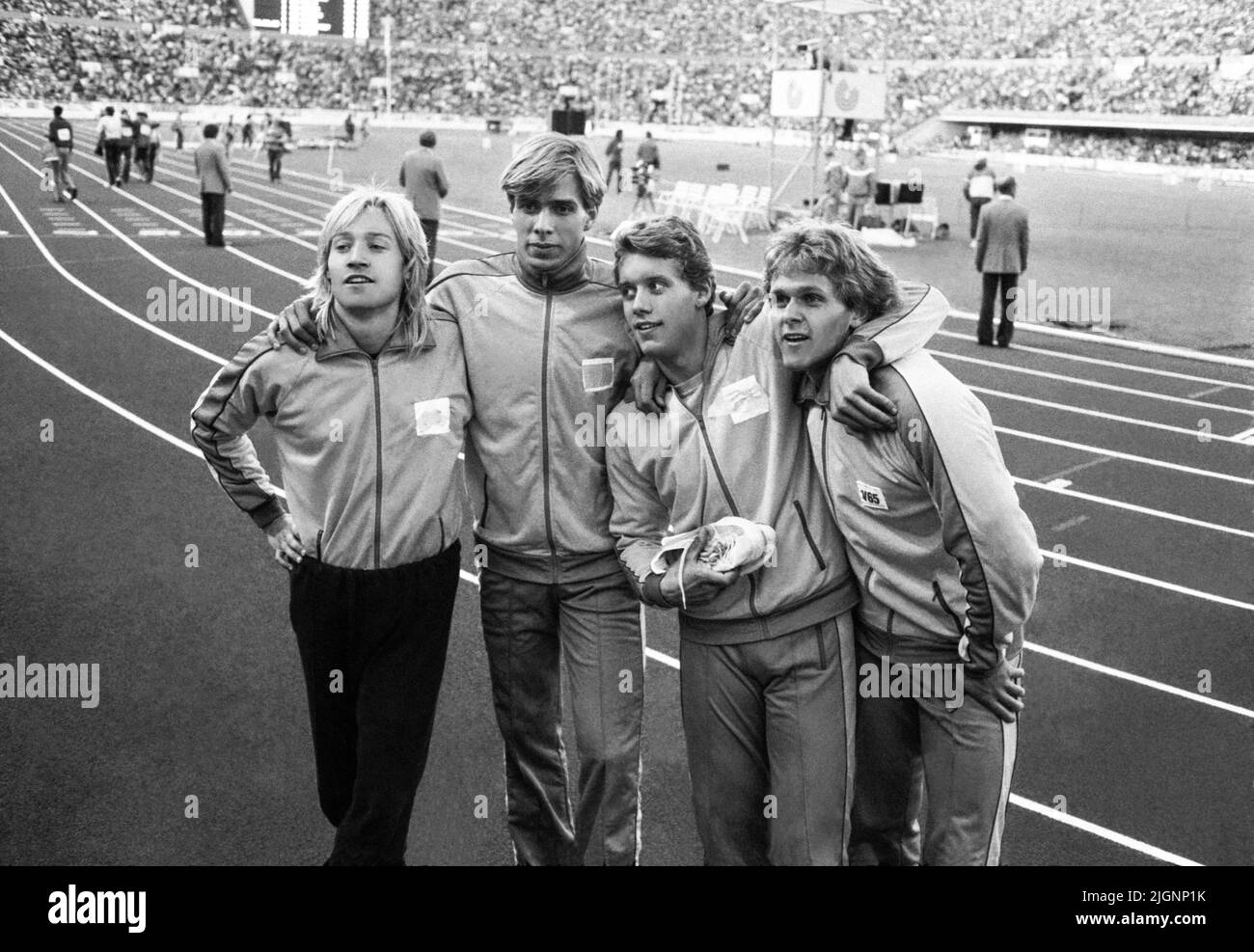 WORLD ATHLETICS CHAMPIONSHIP in Helsinki 1983 SWEDISH RELAY TEAM 4x400m left Erik Josjö-Sven Nylander-Tommy Johansson and Per Ola Olsson Stock Photo