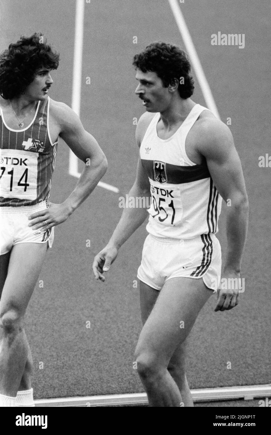 WORLD ATHLETICS CHAMPIONSHIP in Helsinki 1983 JÜRGEN HINGSEN FRG silver medalist in Decathlon Stock Photo