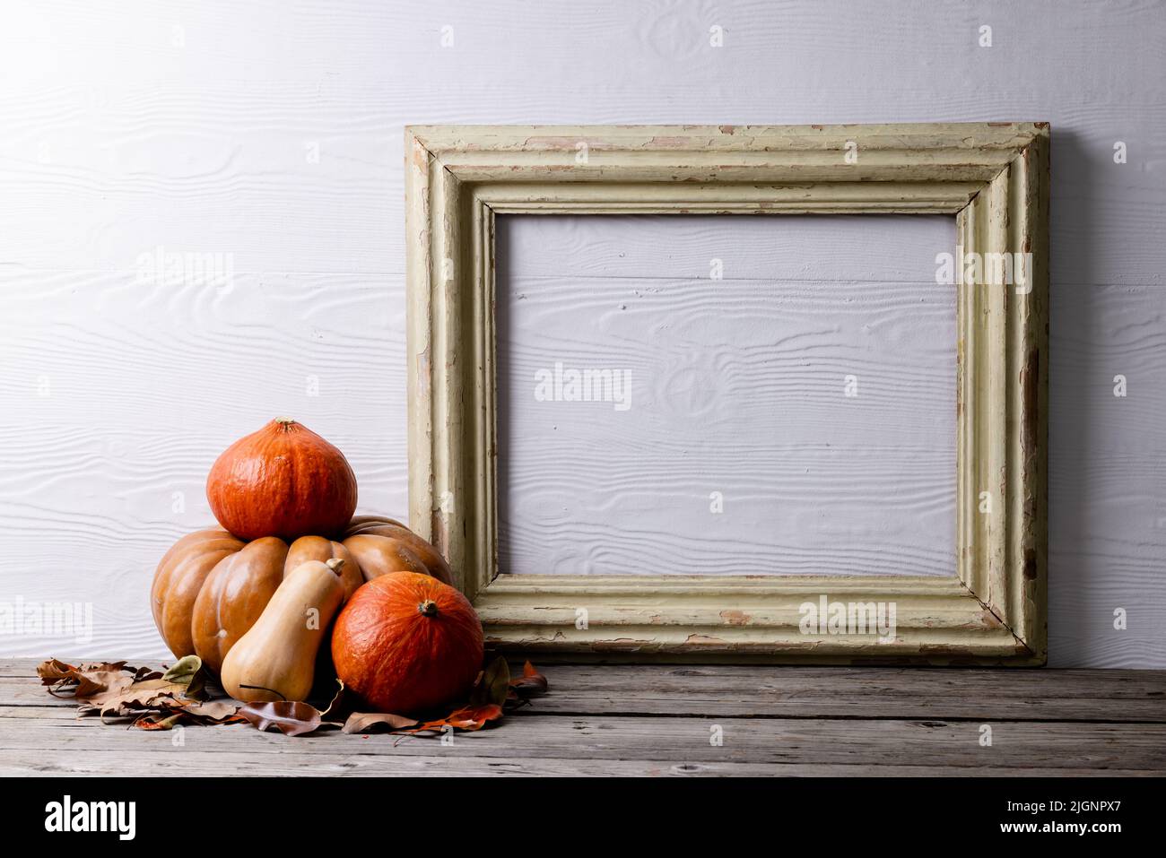 Composition of pumpkins with autumn leaves and frame with copy space on ...
