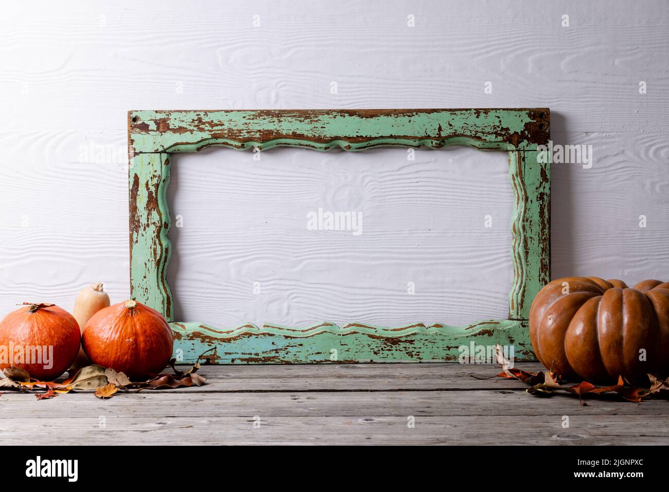 Composition of pumpkins with autumn leaves and frame with copy space on ...