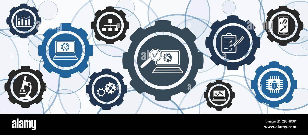 Concept of software testing with icons in cogwheels stock photo alamy
