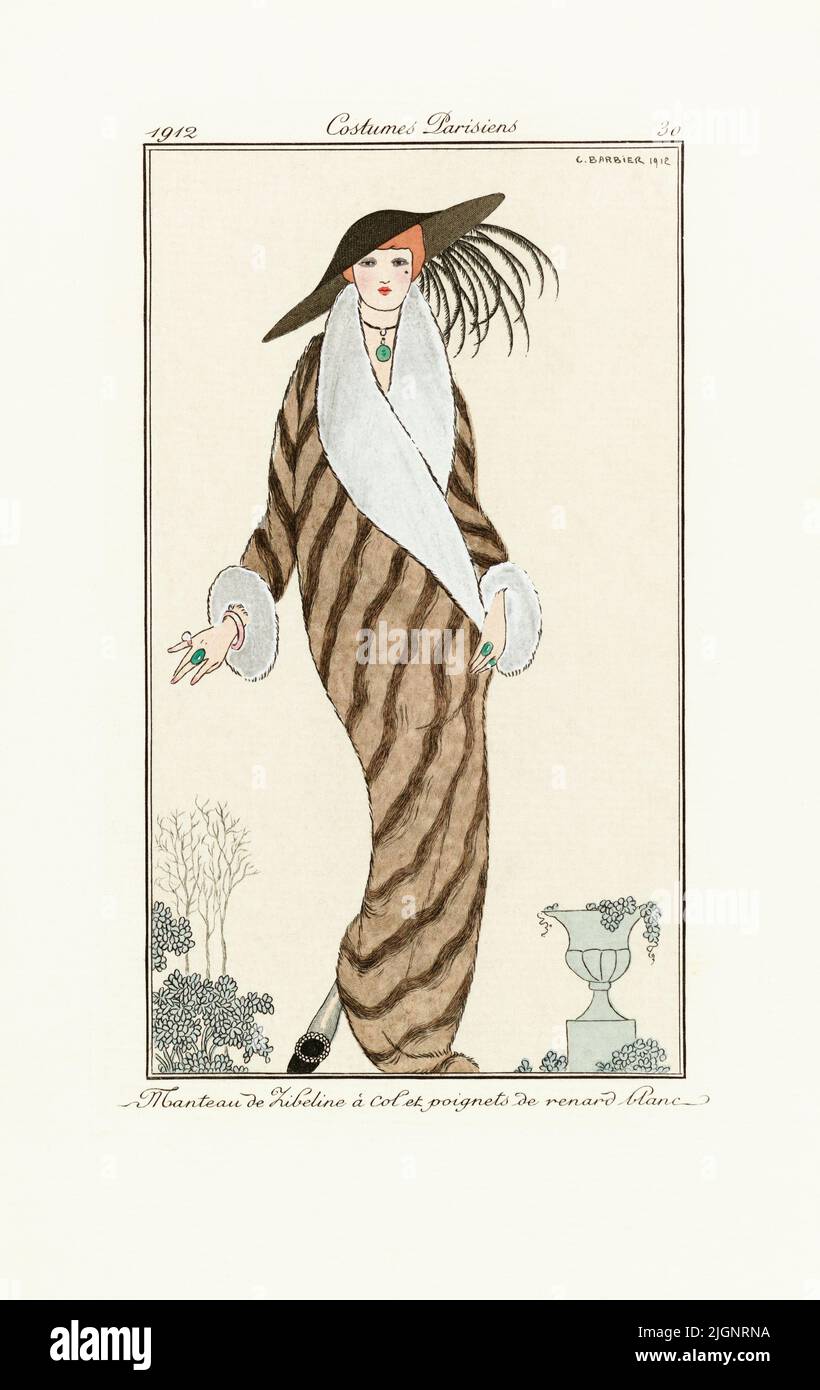 Manteau de Zibelin -  Sable Coat.  Print from the high fashion magazine Journal des Dames et des Modes, published from June 1, 1912 to August 1, 1914.  After a work by French illustrator George Barbier, 1882 - 1932. Stock Photo