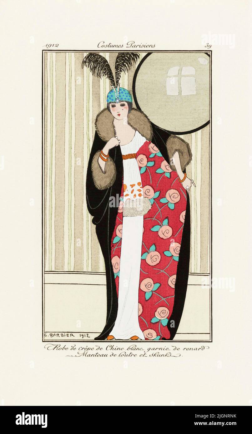 Robe de crêpe de Chine blanc -  White crepe de chine dress.  Print from the high fashion magazine Journal des Dames et des Modes, published from June 1, 1912 to August 1, 1914.  After a work by French illustrator George Barbier, 1882 - 1932. Stock Photo