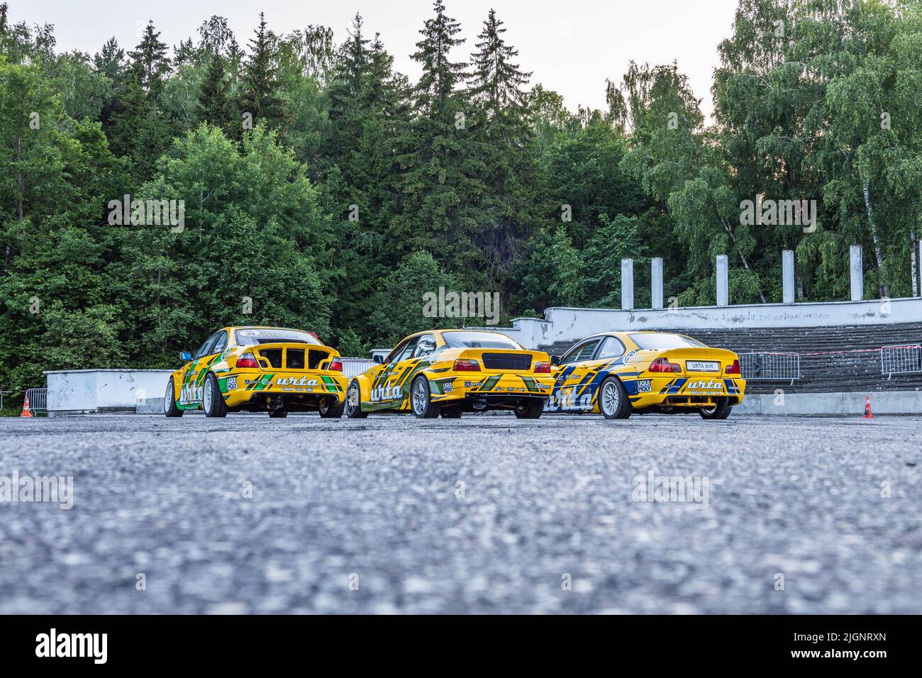 BMW drift race cars on the asphalt at the drift show. Alytus, Lithuania, 1 July 2022 Stock Photo