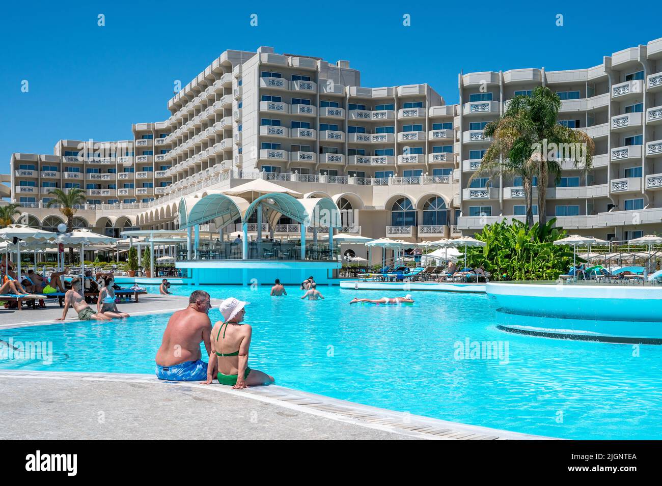 Rodos Palladium is a five-star resort at Faliraki Beach in Rhodes, Greece Stock Photo