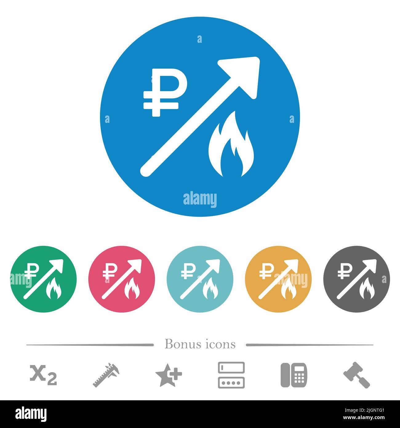Rising gas energy russian Ruble prices flat white icons on round color ...