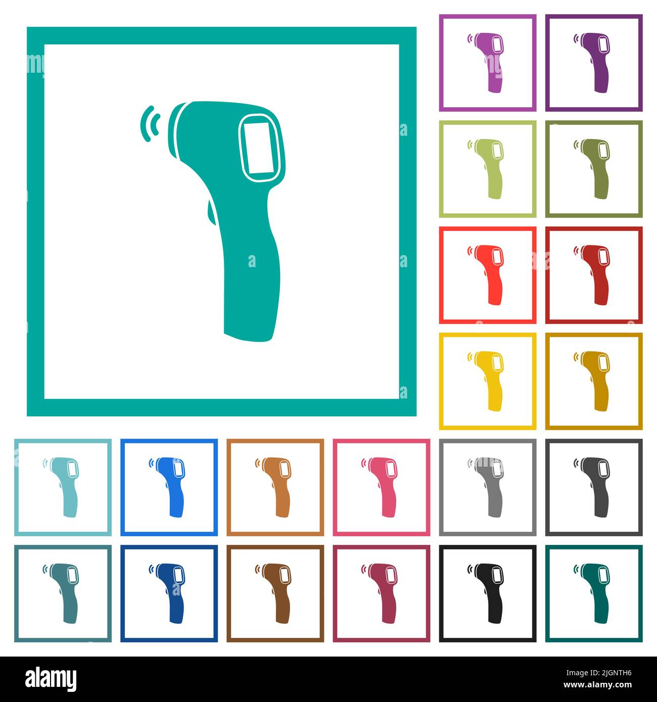 Contactless thermometer solid flat color icons with quadrant frames on ...