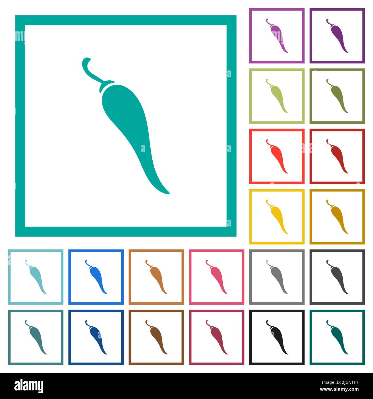 Chili pepper solid flat color icons with quadrant frames on white ...