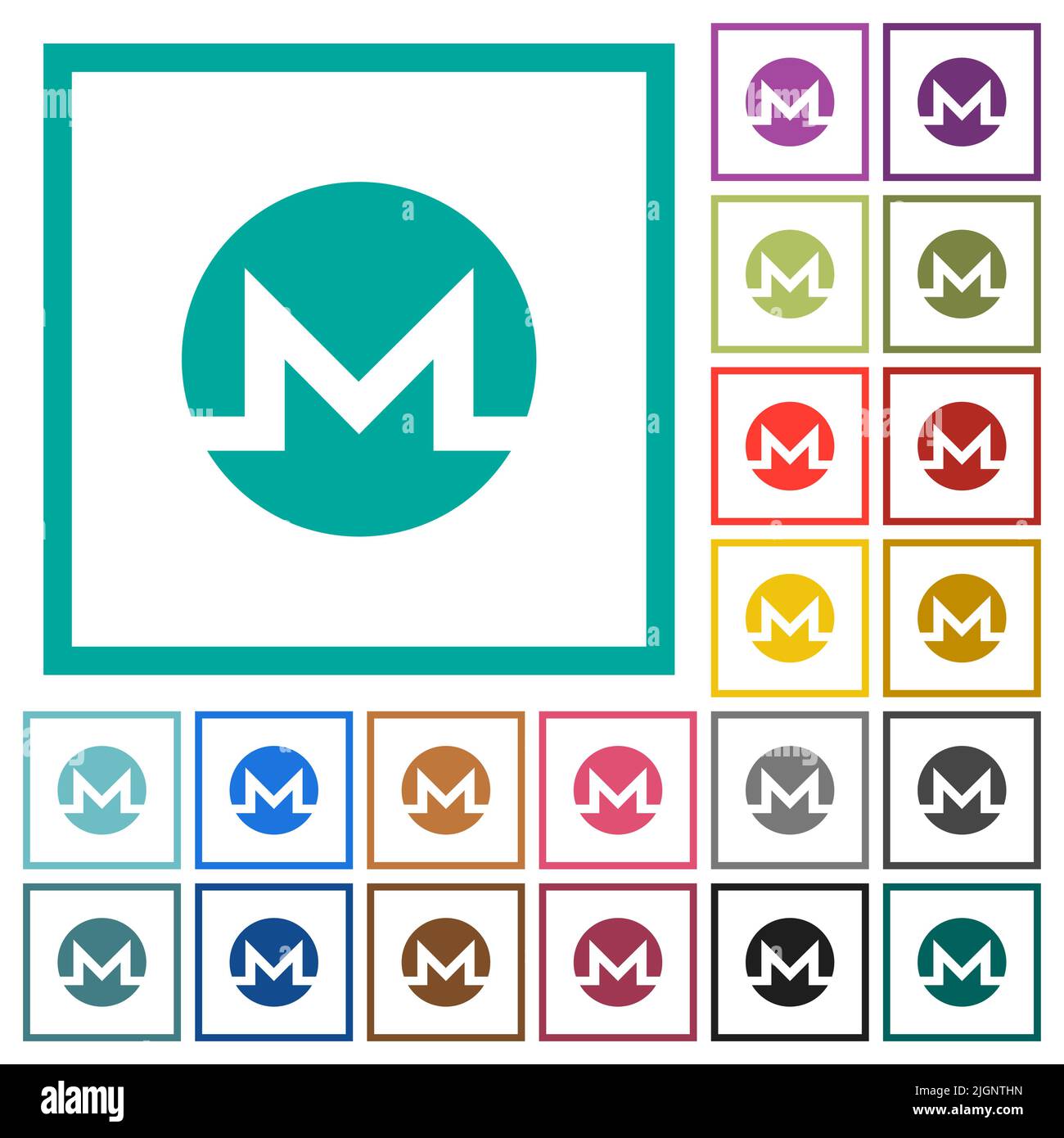 Monero digital cryptocurrency flat color icons with quadrant frames on ...
