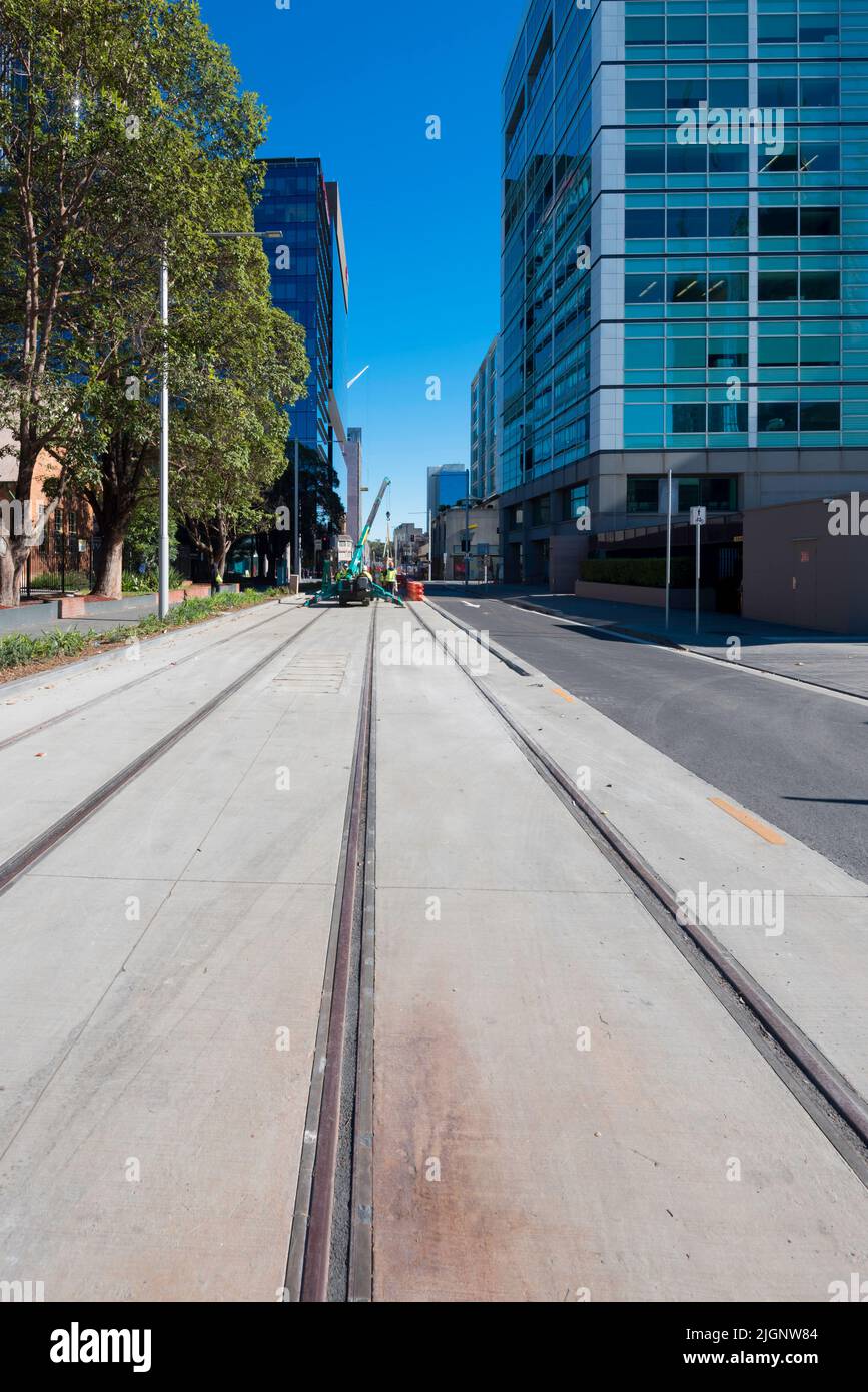 June 2022 Macquarie Street, Parramatta, Australia: The new Parramatta Light Rail Stage 1 project in western Sydney is due for completion in 2023 Stock Photo