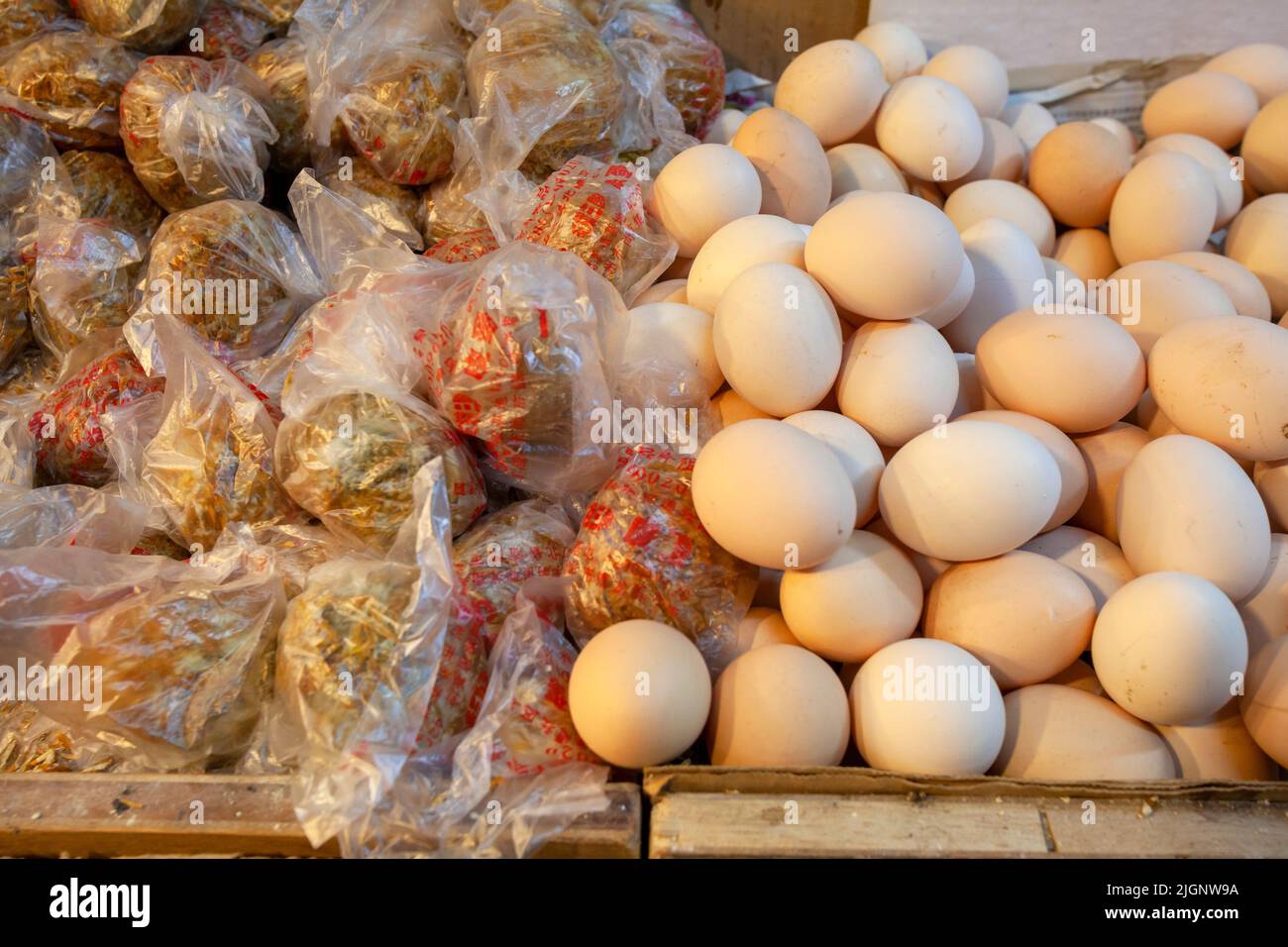 Century Eggs and Chicken Eggs, Hong Kong, China, South East Asia Stock
