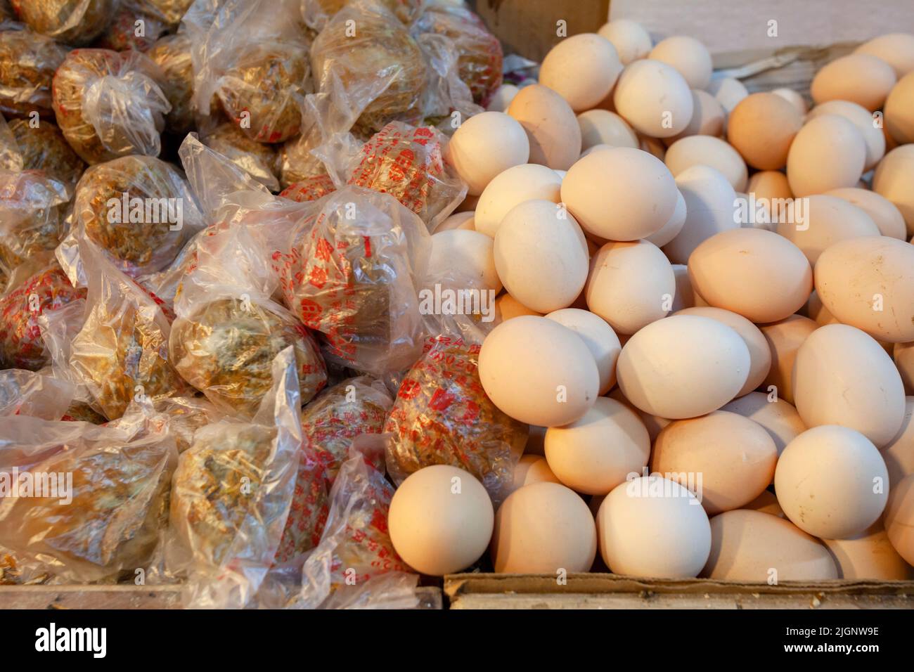 Century Eggs and Chicken Eggs, Hong Kong, China, South East Asia Stock