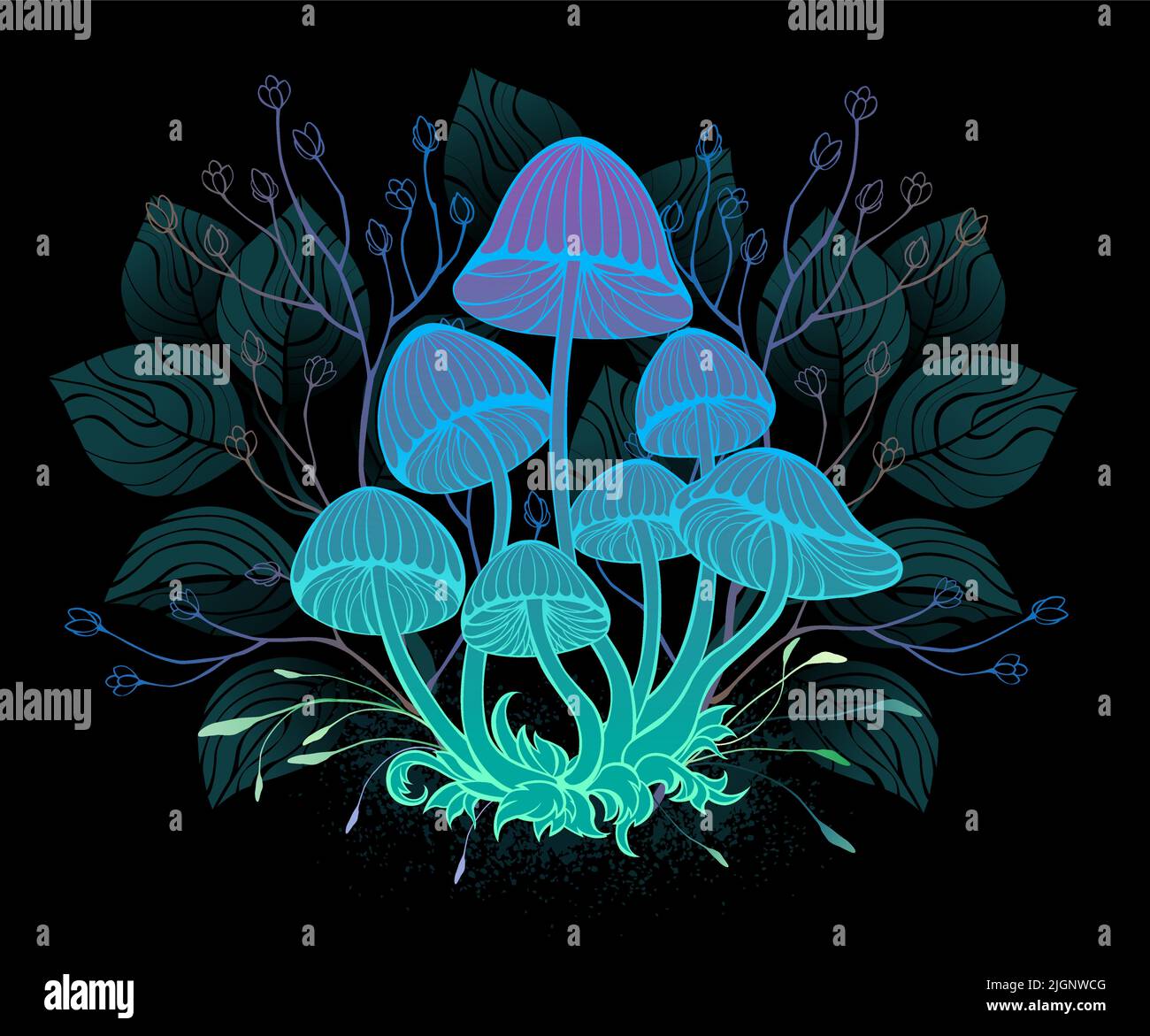Mysterious, bioluminescent, hallucinogenic, bright toadstools with bushes of marsh plants on night, dark, glowing background. Glowing mushrooms. Gobli Stock Vector