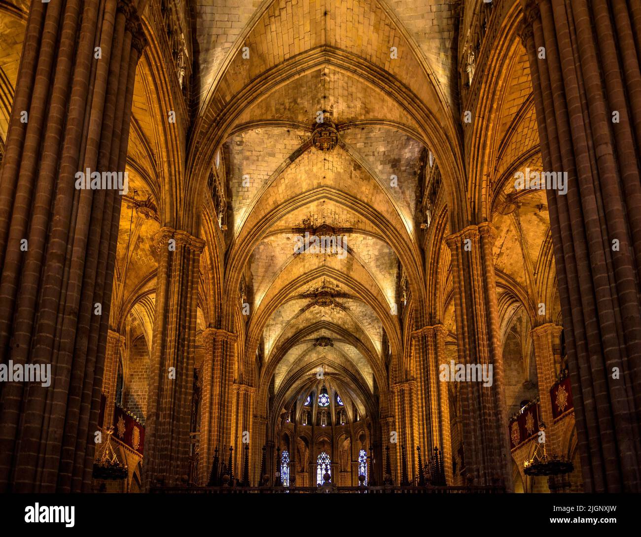 Interior of the Barcelona Cathedral, with gothic style (Barcelona, Catalonia, Spain)  ESP: Interior de la Catedral de Barcelona, de estilo gótico Stock Photo