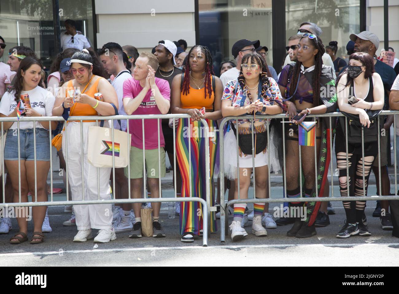 The annual Gay Pride Parade returns to march down 5th Avenue  and end up on Christopher Street in Greenwich Village after a 3 year break due to the Covid-19 pandemic. Spectators were out in large numbers in support of the LGBTQ community. Stock Photo