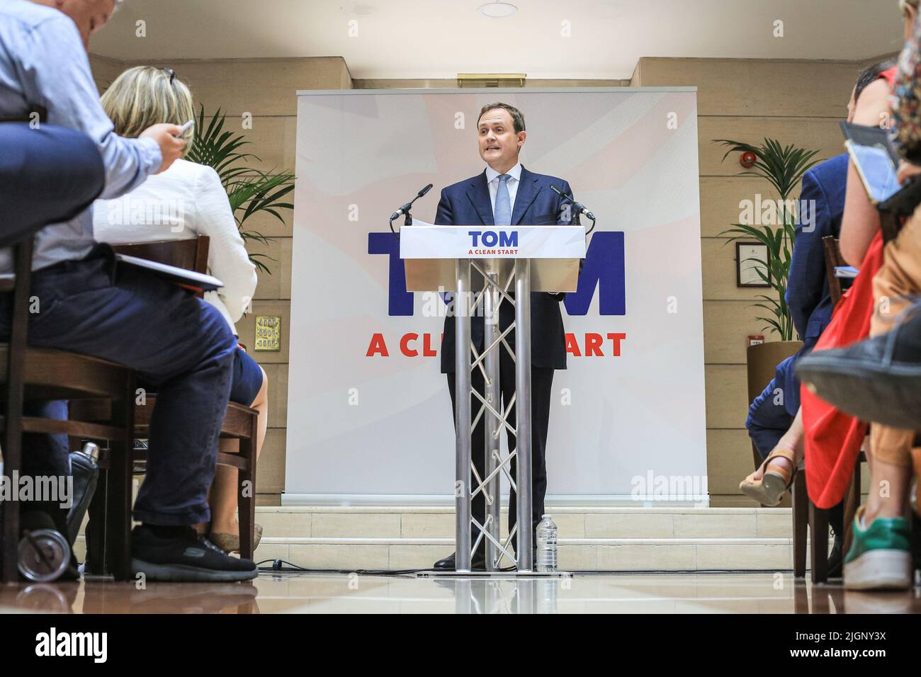 London, UK. 12th July, 2022. Tom Tugendhat, MP, chair of the Commons Foreign Affairs Select Committee, launches his campaign for the conservative Party leadership and to be the next Prime Minister of the UK at Millbank in London today. The MP for Tonbridge and Malling has the backing of Cabinet Minister Anne-Marie Trevelyan, MPs Caroline Nokes, Damian Green, and currently around 21 public backers in total. Credit: Imageplotter/Alamy Live News Stock Photo