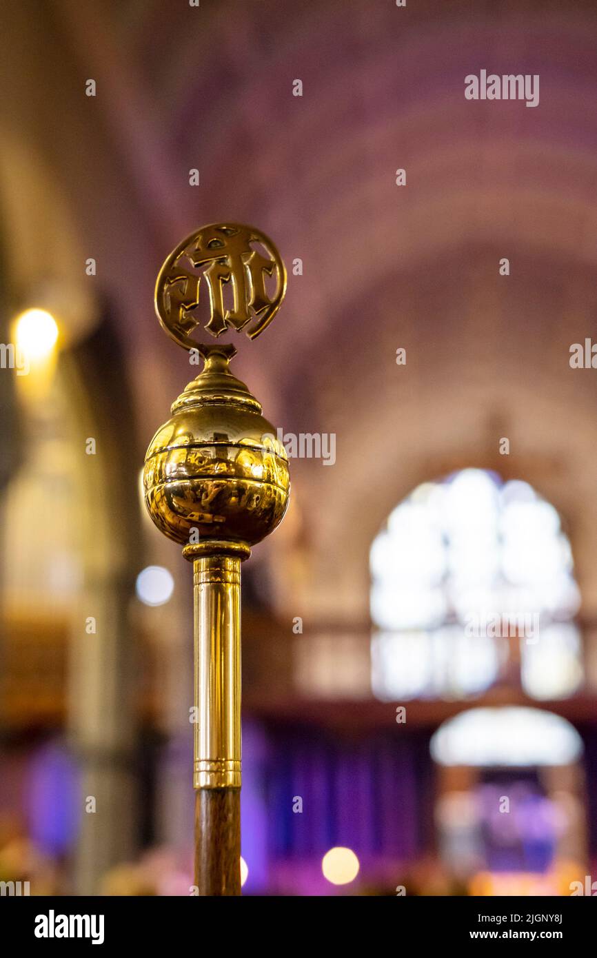 The tip of a Church Warden Staff Stave Wand Prodder in a church. Stock Photo