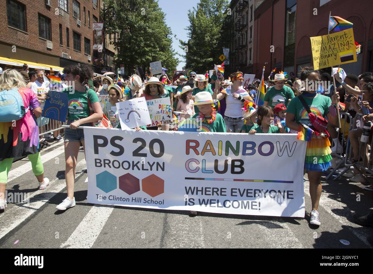 The annual Gay Pride Parade returns to march down 5th Avenue  and end up on Christopher Street in Greenwich Village after a 3 year break due to the Covid-19 pandemic.  PS 20 shows its support of the LGBTQ community. Stock Photo