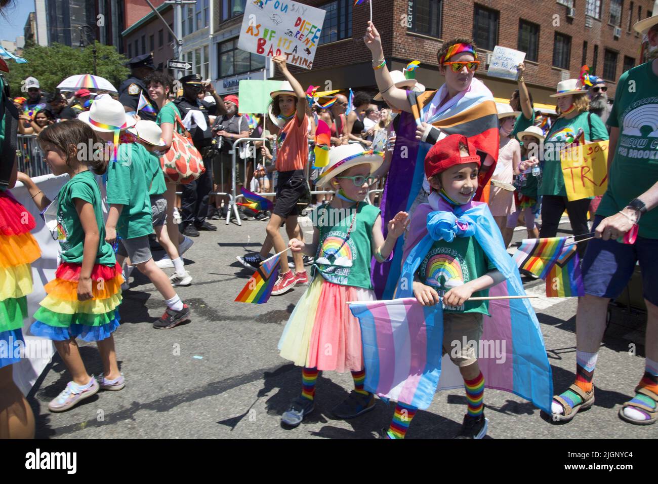The annual Gay Pride Parade returns to march down 5th Avenue  and end up on Christopher Street in Greenwich Village after a 3 year break due to the Covid-19 pandemic.  PS 20 shows its support of the LGBTQ community. Stock Photo