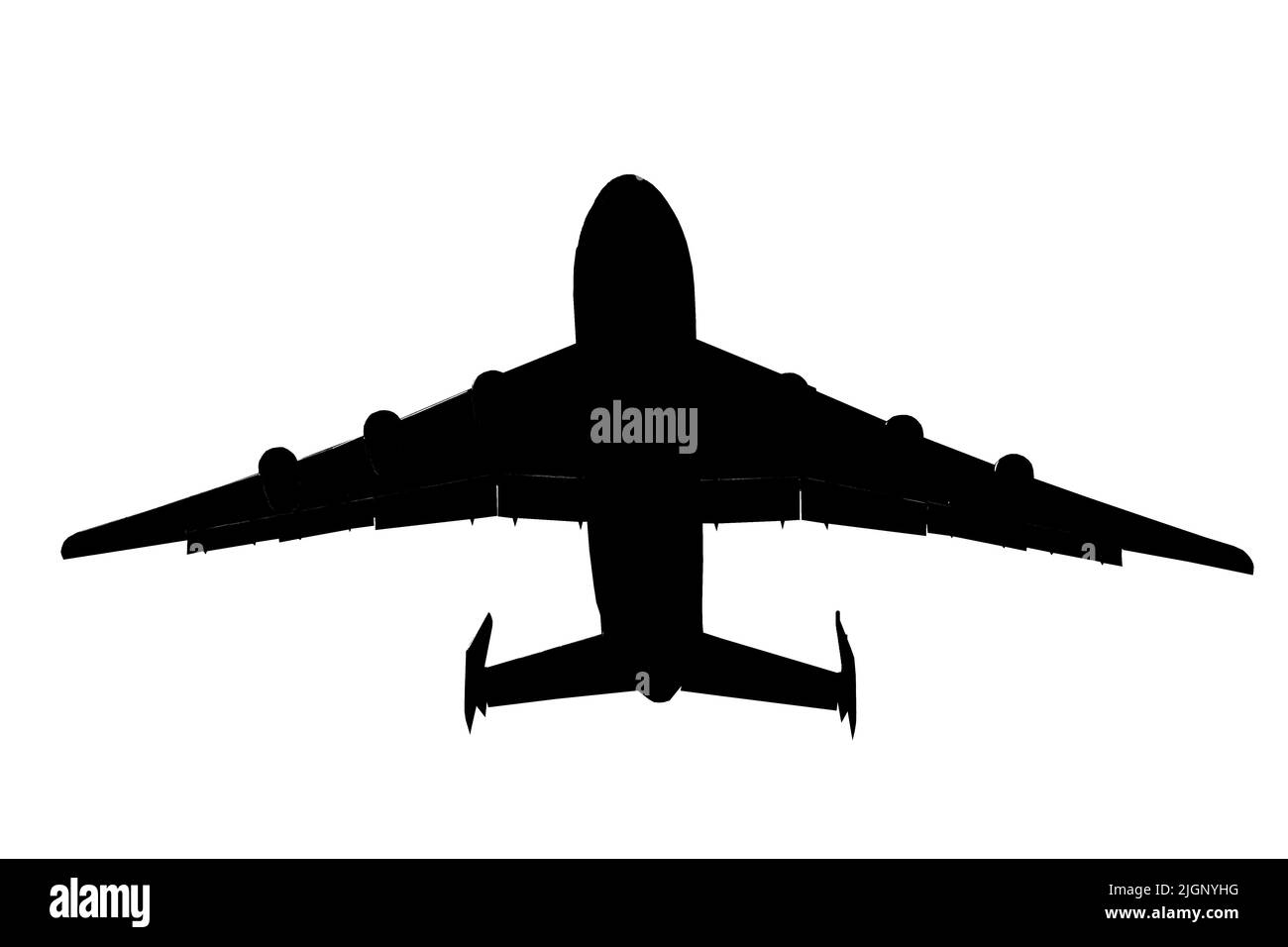 The silhouette of an aircraft with six engines. Cargo plane isolated black on white background. Airplane back view. Abstract Ukrainian Mriya plane. Stock Photo