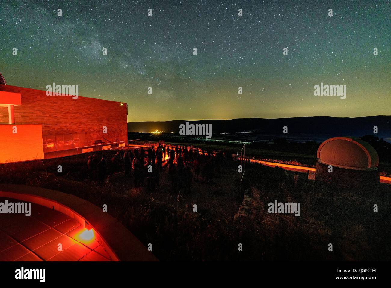 Montsec Astronomical Observatory at night during an astronomical observation with the Milky Way in the sky (Àger, Lleida, Catalonia, Spain) Stock Photo