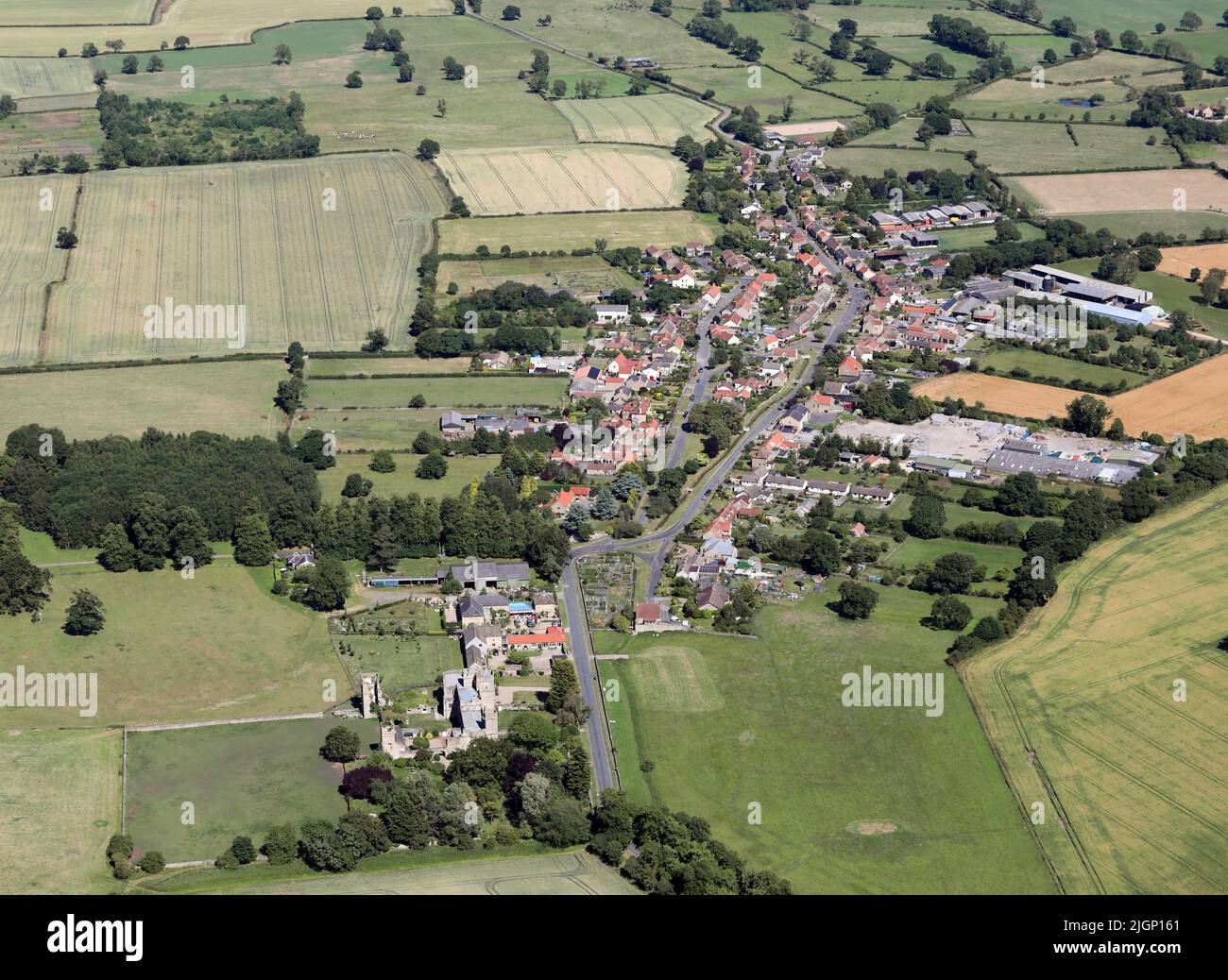 aerial view from the West of the North Yorkshire village of Snape near Bedale (Snape Castle is in the foreground) Stock Photo