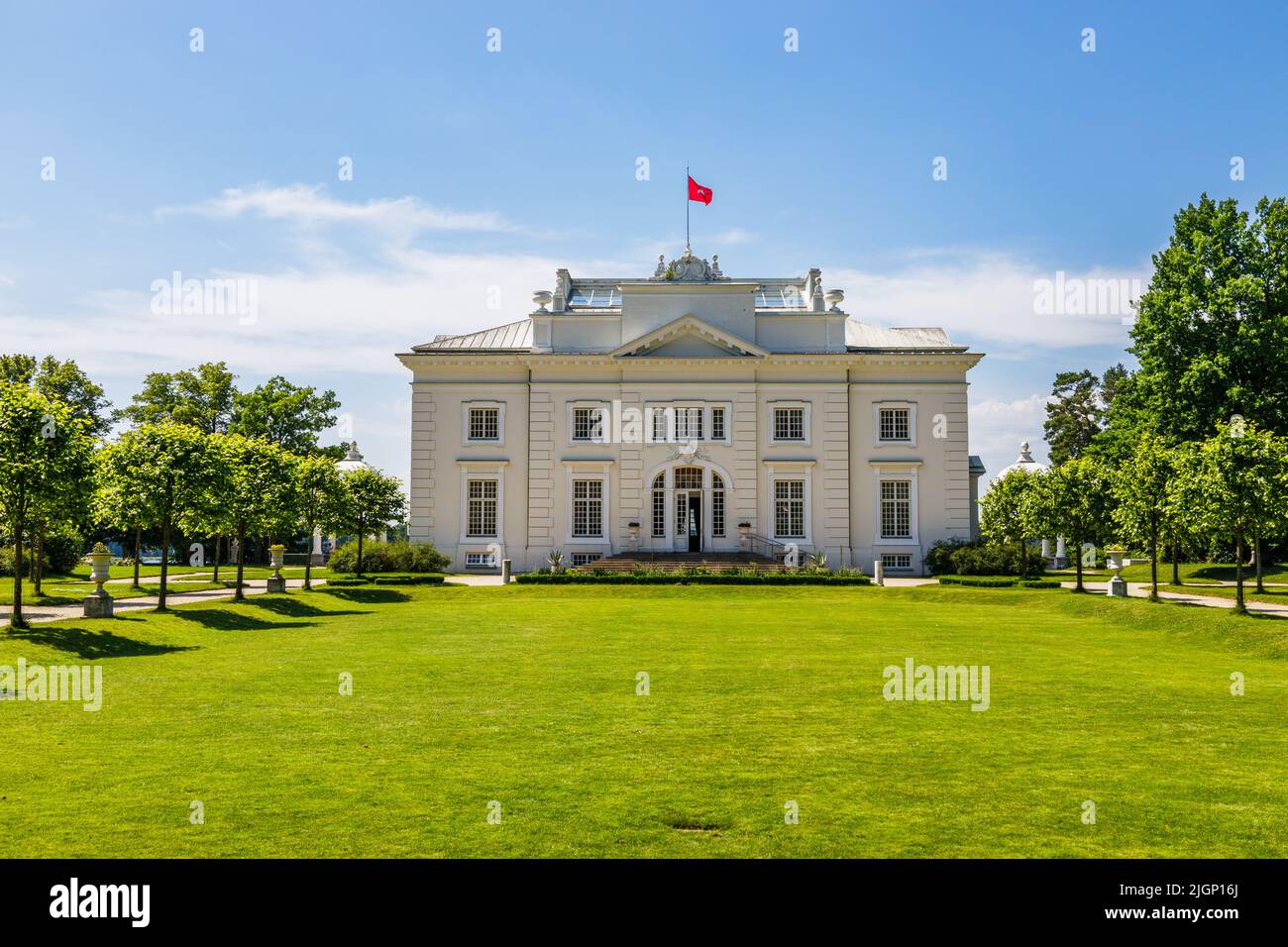 Uzutrakis manor. Colonnaded mansion set in landscaped gardens Stock Photo