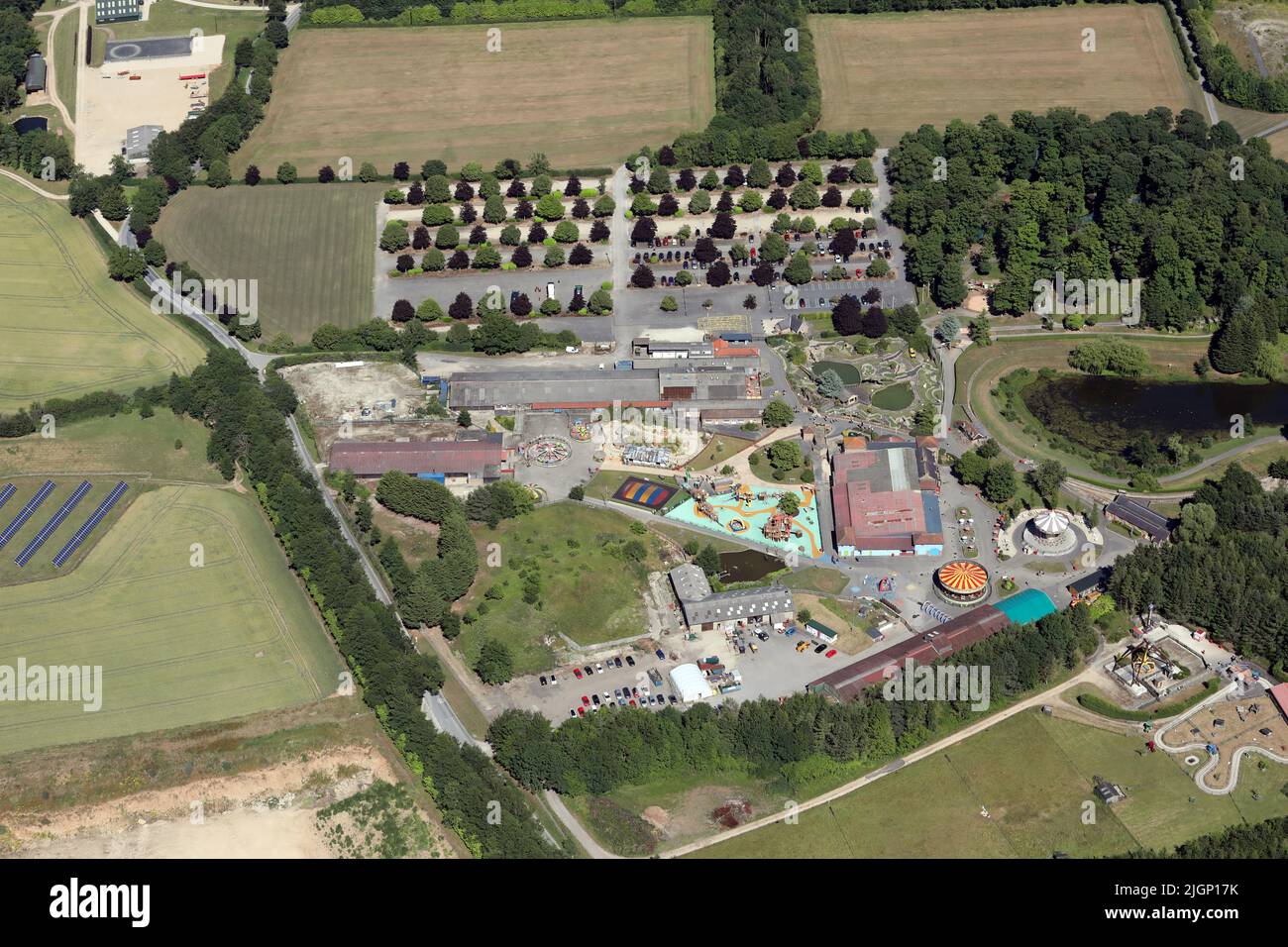 aerial view of Lightwater Valley Family Adventure Park, an  amusement park near Ripon, North Yorkshire Stock Photo