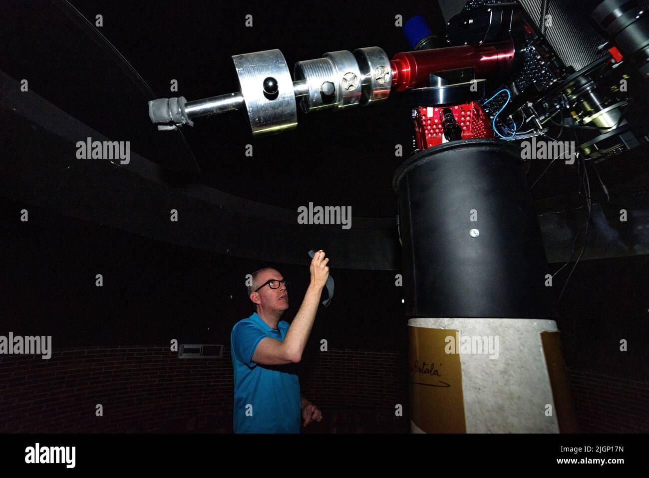 Showing an astronomical observation in the Assumpció Català telescope, the first telescope named after a woman in Europe, in the Montsec Observatory Stock Photo