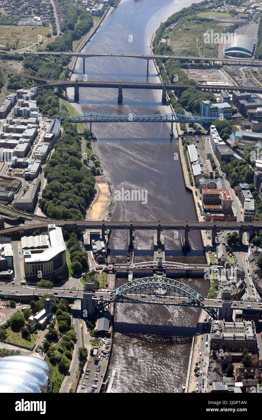 aerial view from the east of the Tyne Bridges over the River Tyne, Newcastle upon Tyne, Tyne & Wear Stock Photo