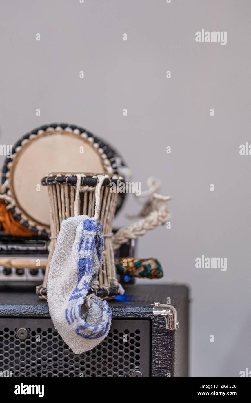 Nigerian Talking Drum musical instrument on display Stock Photo Alamy