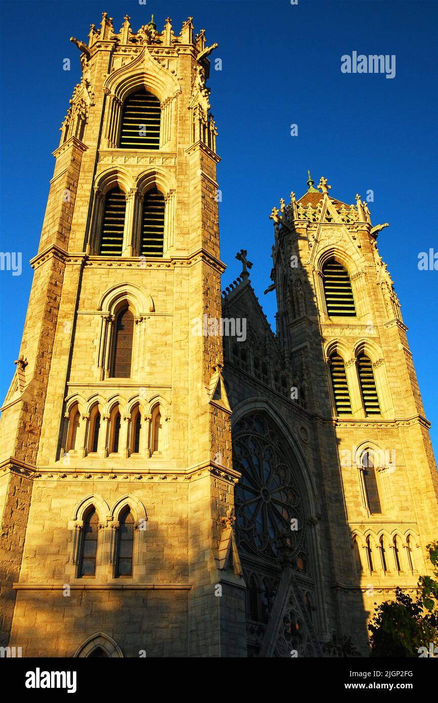 The stone French Gothic Cathedral Basilica of the Sacred Heart is the seat of the Roman Catholic church and religion of the Archdiocese of Newark NJ Stock Photo