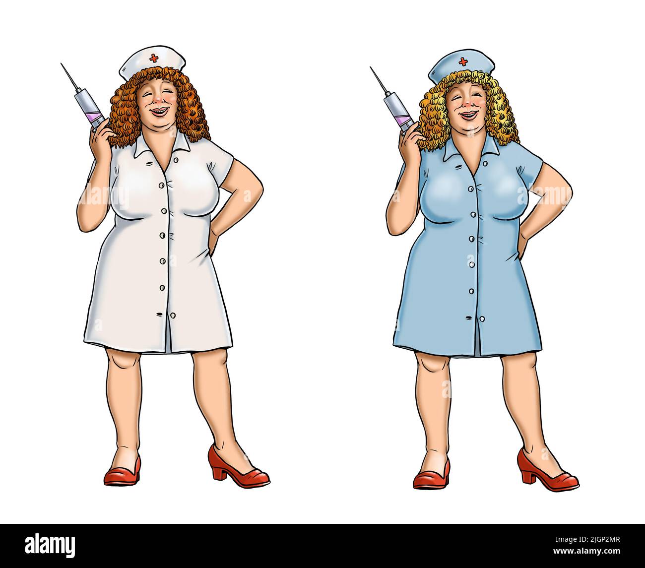 Funny nurse. Doctor helper with the syringe. Digital illustration. Stock Photo