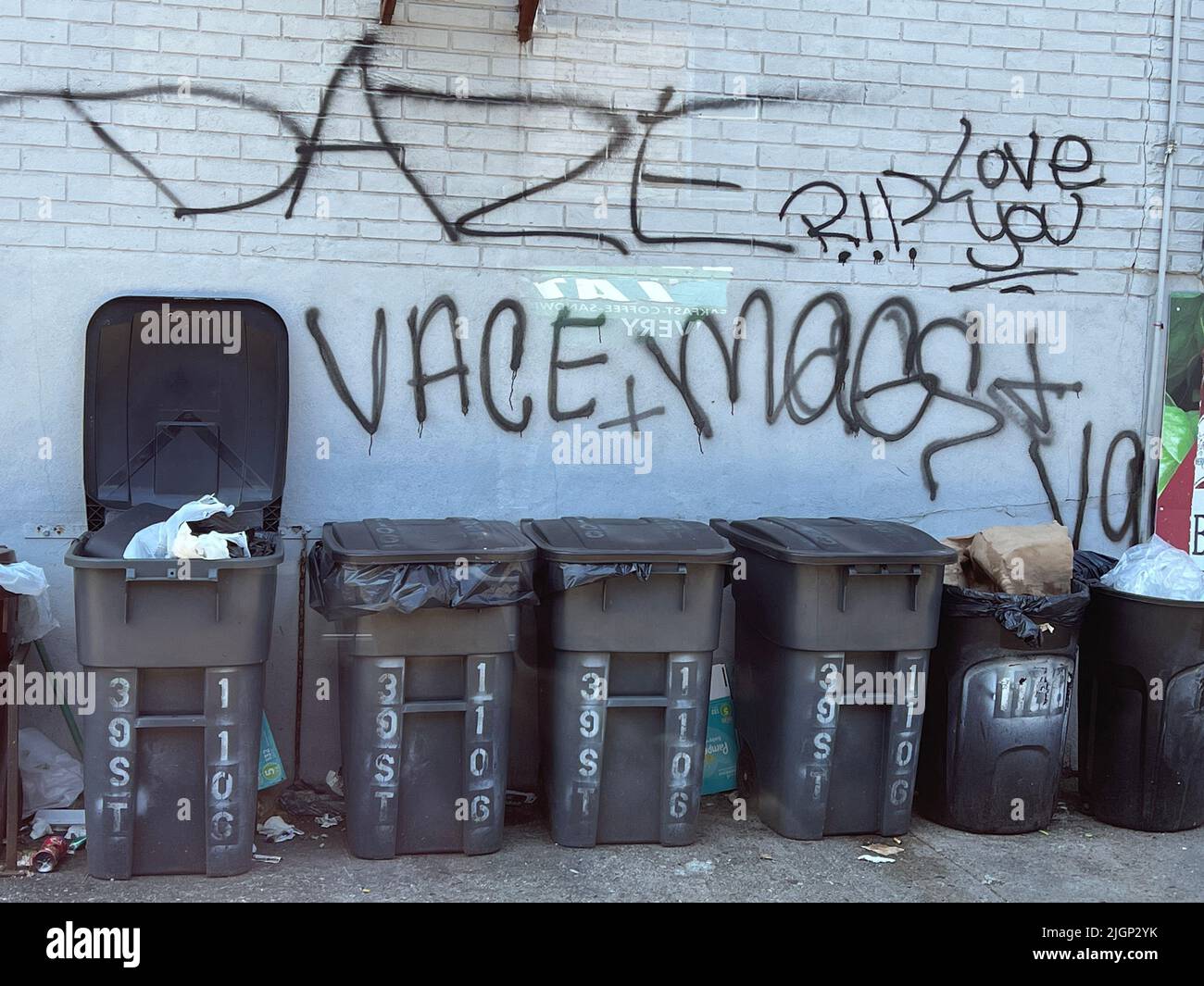 Garbage cans at an apartment building with graffiti on the wall in Brooklyn, New York Stock
