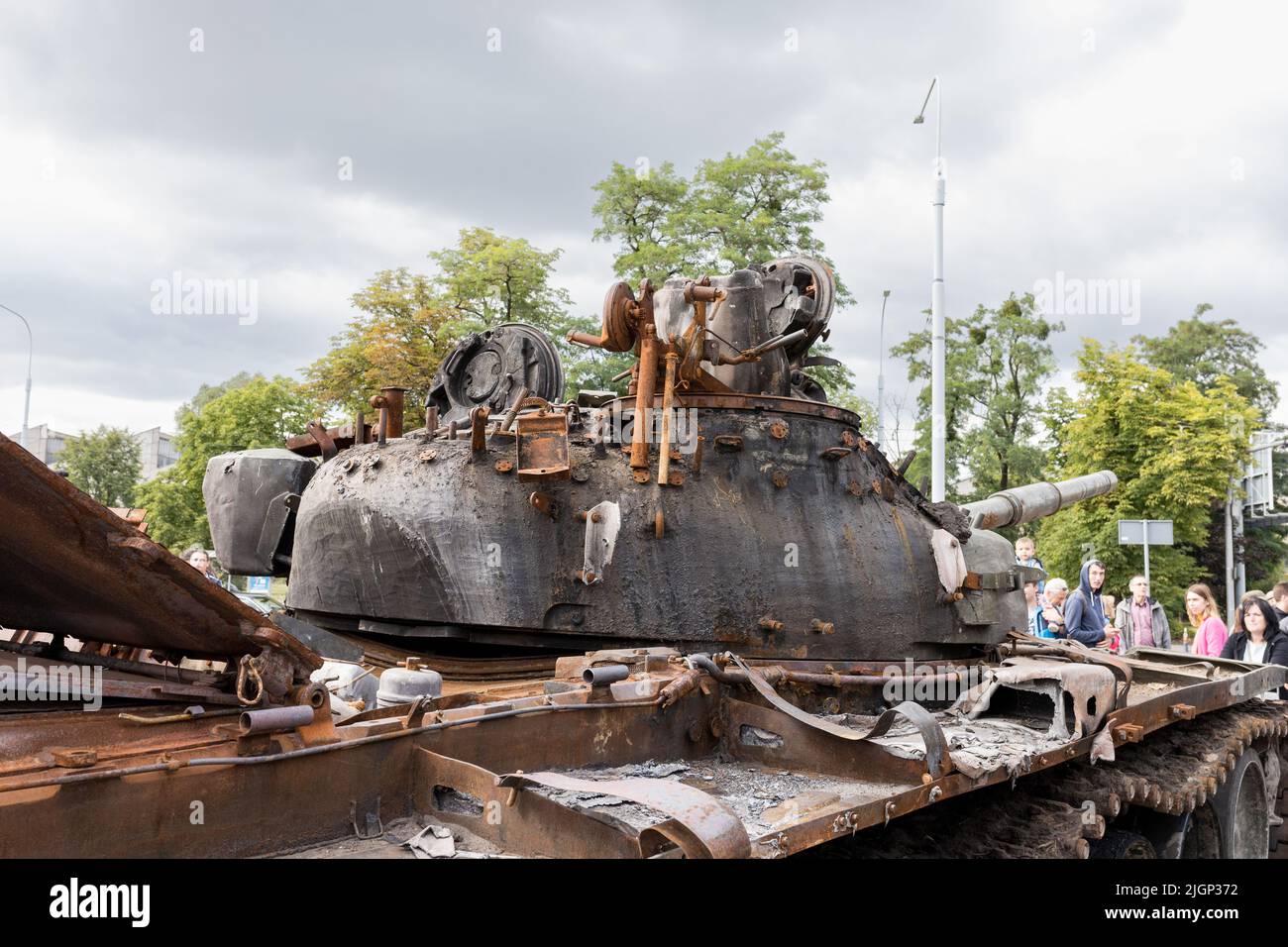 WROCŁAW, POLAND - JULY 12, 2022: Destroyed Russian military equipment exposition 'For your and our freedom' in Wrocław, T-72BA tank turret Stock Photo