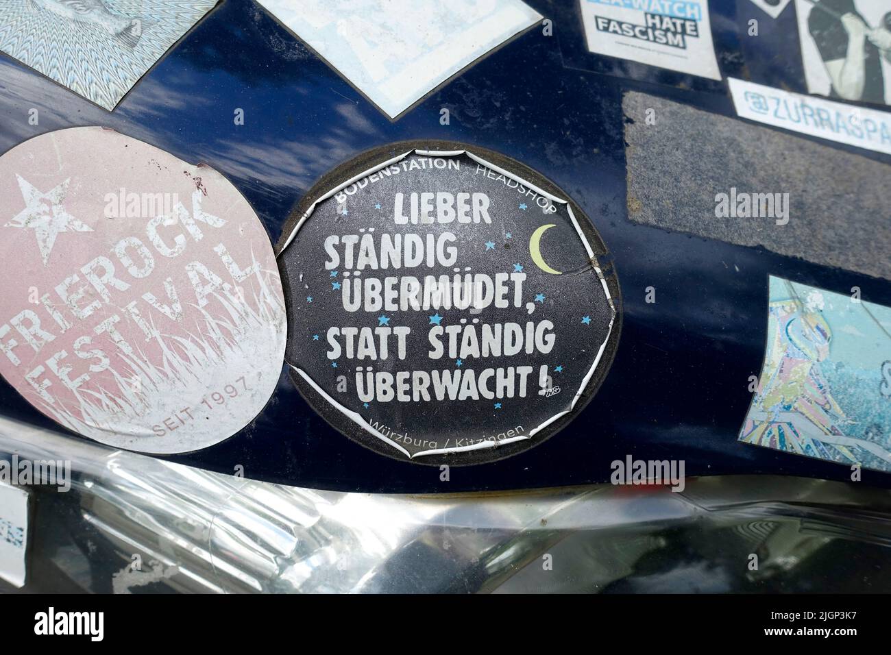 Sticker, rather be constantly overtired than constantly monitored, Berlin, Germany Stock Photo