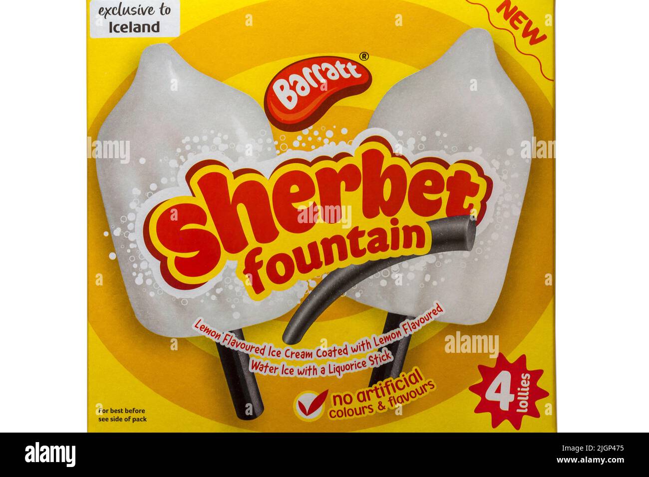 Box of Barratt Sherbet Fountain lemon flavoured ice cream coated with lemon flavoured water ice with a liquorice stick set on white background Stock Photo