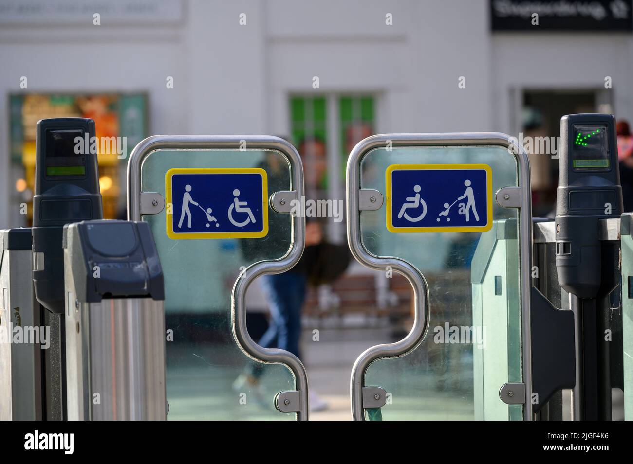 Wide ticket barrier for wheelchair access and pushchairs at Brighton Railway Station, England. Stock Photo