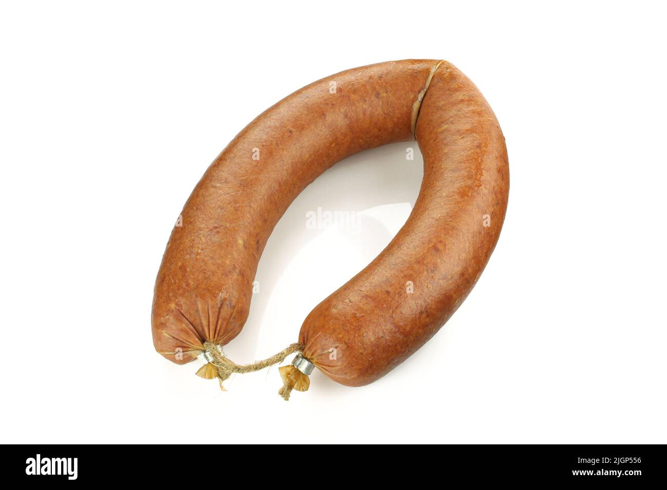 Jaegerwurst. Dried, smoked and baked beef sausage isolated on white background Stock Photo