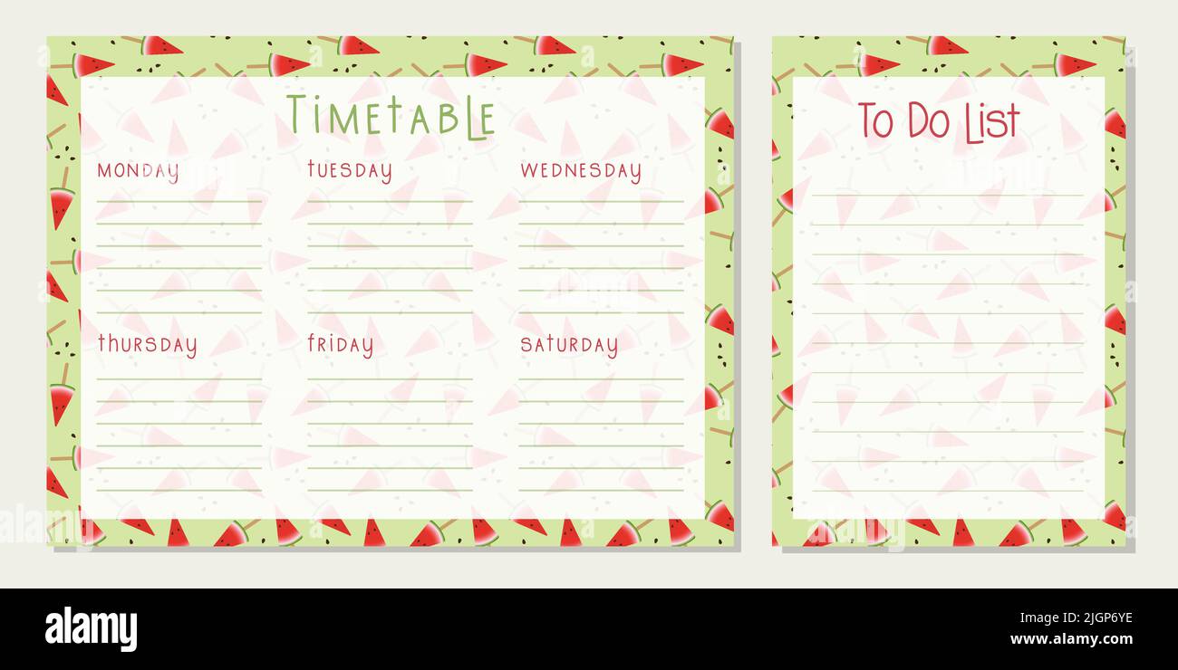 Timetable watermelon , Class schedule, weekly calendar , schedule. Organizer information template. Empty school timetable, Planning sheet planning. Vector illustration Stock Vector