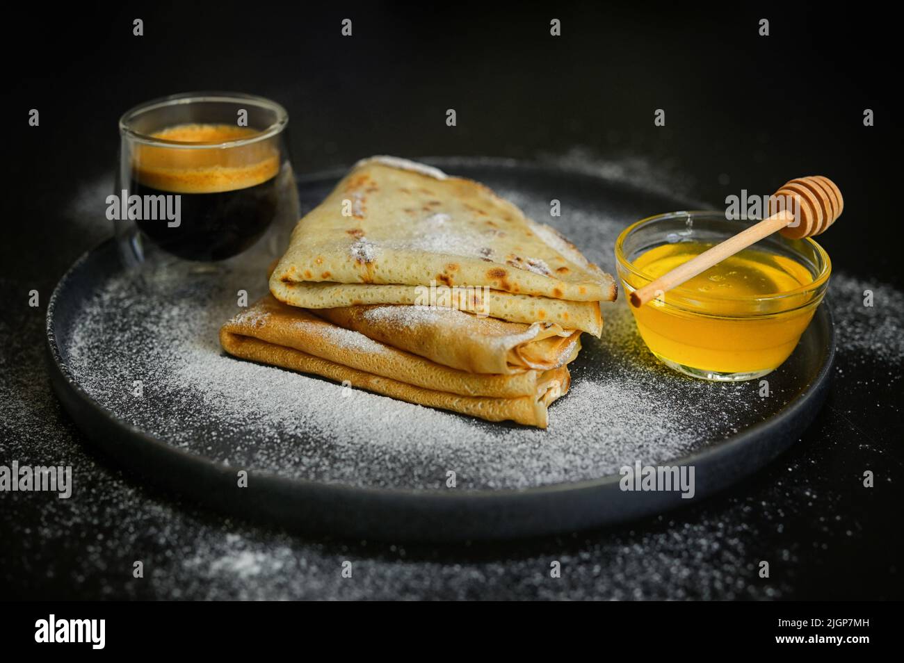 Breakfast Pancakes. Jar With  Honey and Espresso Coffee Cup Stock Photo