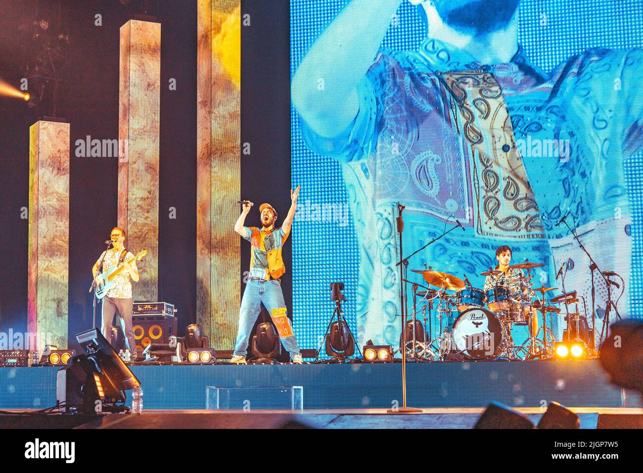 June / July 2022 - Italian pop band PINGUINI TATTICI NUCLEARI playing live at Mandela Forum (Firenze) and Mediolanum Forum (Milan) Stock Photo