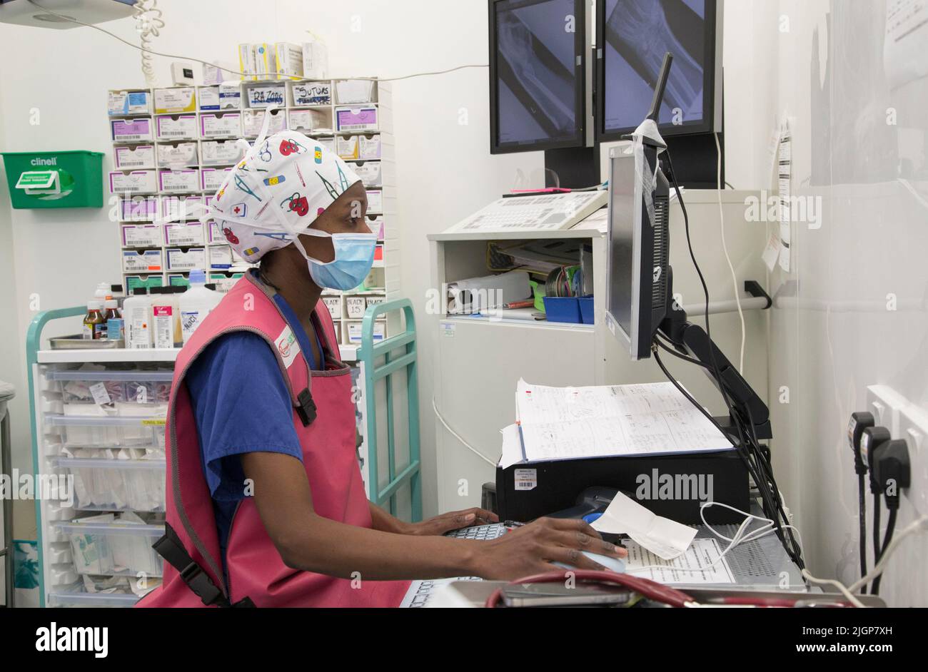 An NHS nurse in scrubs checks a patients records in an operating