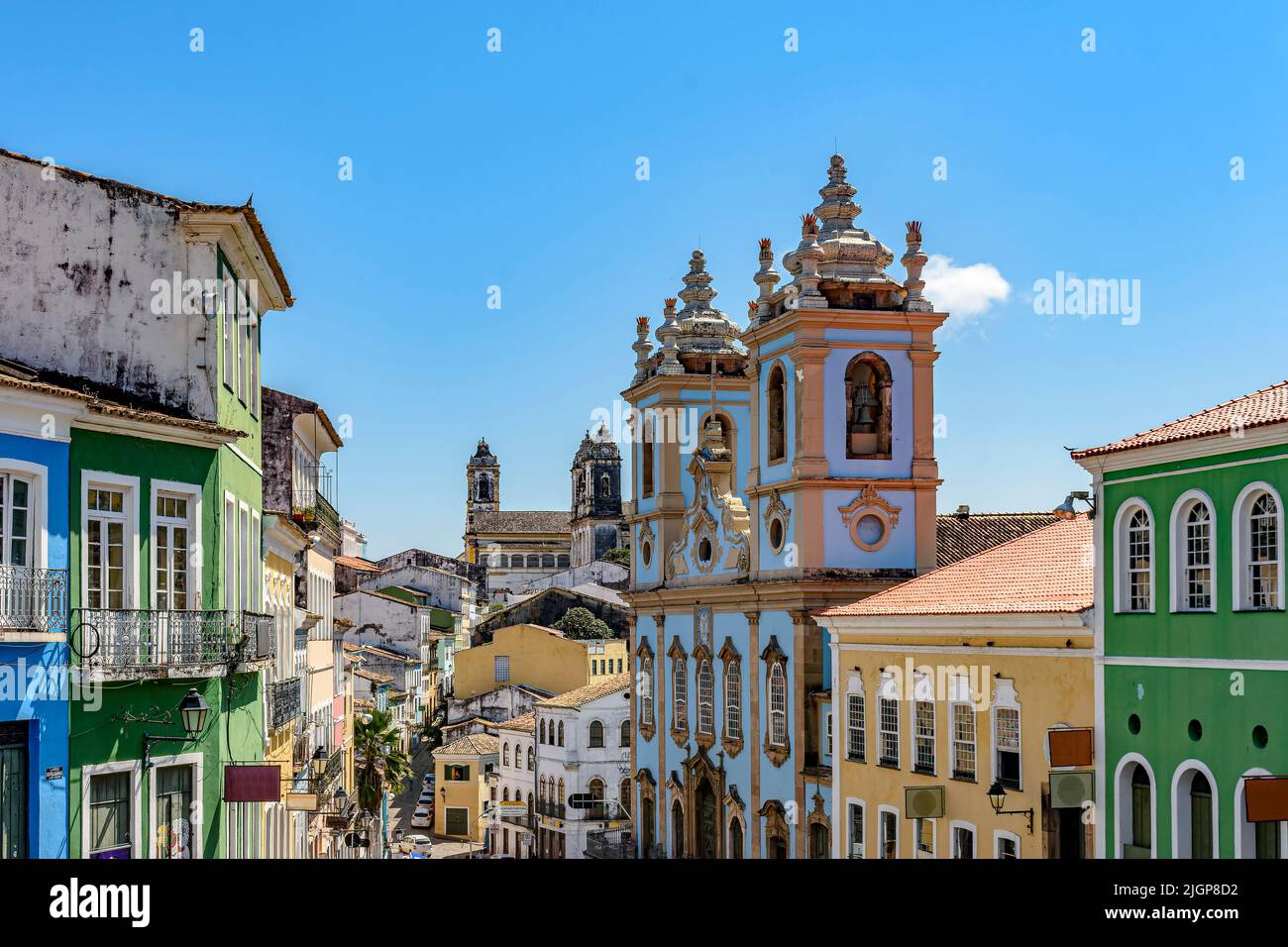 Historic buildings and baroque churches in the famous Pelourinho neighborhood in Salvador, Bahia Stock Photo