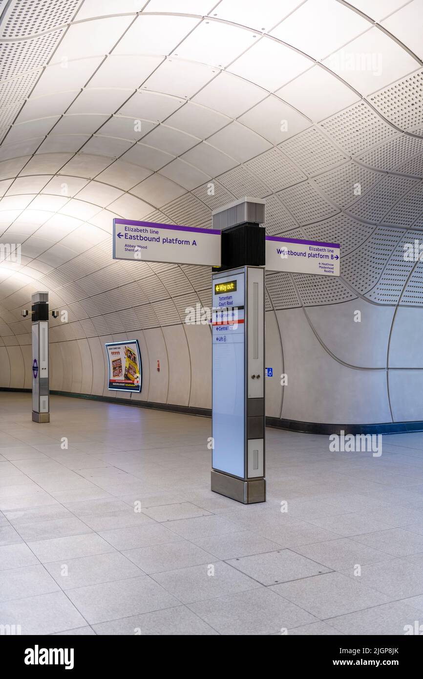 Tottenham Court Road tube station on the new Elizabeth Line underground in London. Platforms are at least twice the length of normal tube stations! Stock Photo